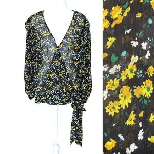 Express Floral Blouse Sheer‎ Ruffle Trim Tie Waist Black XL Whimsigoth W/Flaws